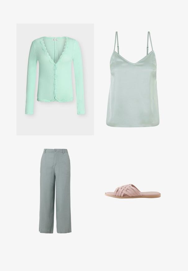 Hellgrüne, langärmelige, gerippte Strickjacke mit gewelltem Spitzenbesatz entlang des Halsausschnitts, Knopfleiste und Saum.; Hellgrüne Satin-Camisole mit verstellbaren dünnen Trägern und V-Ausschnitt, ausgestattet mit einer glatten Textur und einem entspannten Schnitt.; Helle graue weit geschnittene Hosen aus glattem Stoff, mit einem vorderen Knopfverschluss und zwei seitlichen Taschen.; Flache Sandale in sanftem Pink mit geflochtenen Wildlederriemen und dünner beiger Sohle, für den lässigen Gebrauch entworfen.