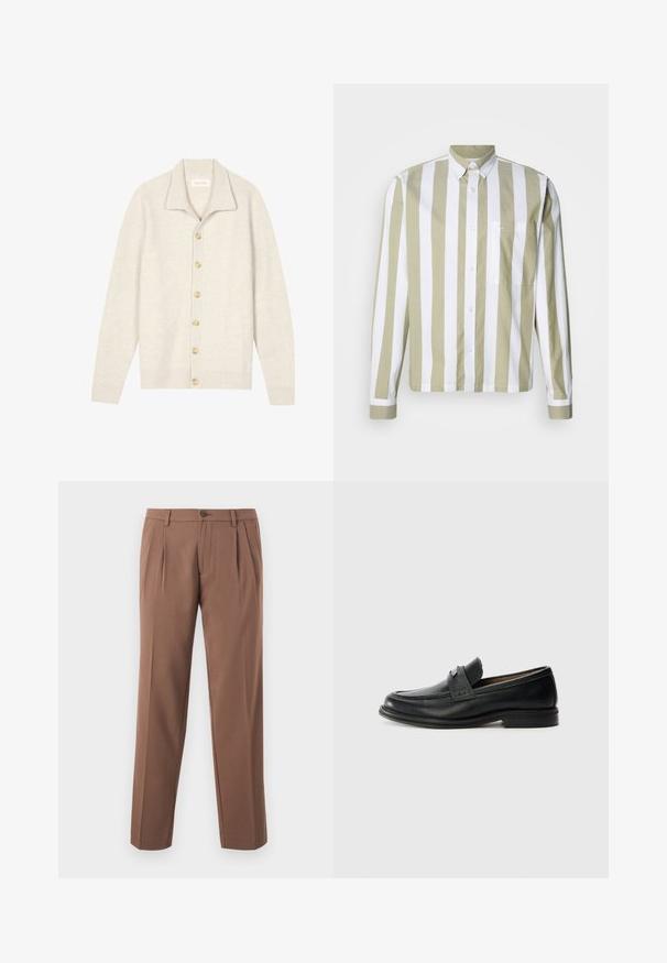 Beige ribstrikket cardigan med lange ærmer, flad krave og syv runde knapper foran. Blød tekstur, velegnet til lag-på-lag.; Langærmet skjorte med lyse olivengrønne og hvide striber, lukning med knapper, spids krave og en enkelt brystlomme. Produceret i bomuldsstof.; Brune plisserede bukser med lige ben-design, der har en enkelt knaplukning og en glat, struktureret stof.; Sorte læder loafers med en glat finish, der har et tekstureret øverste bånd, lav hæl og minimale syninger.