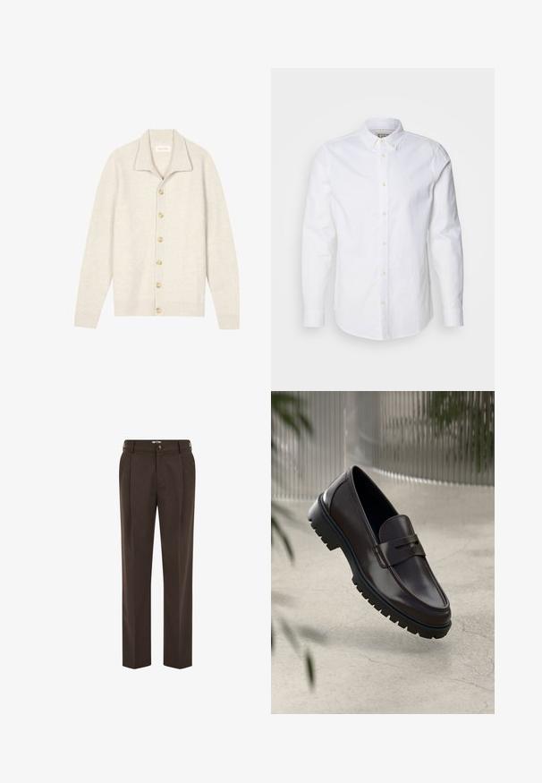 Cardigan beige côtelé avec manches longues, col plat et sept boutons ronds sur le devant. Texture douce, idéale pour superposer.; Chemise blanche à manches longues en coton, dotée d'un col structuré, d'une broderie de logo discrète et de boutons beige clair.; Pantalon marron foncé sur mesure avec plis à l'avant, passants de ceinture, fermeture par bouton et coupe droite.; Mocassins en cuir marron avec une semelle en caoutchouc texturée et striée. Présente un design épuré et une sangle décorative sur le cou-de-pied.