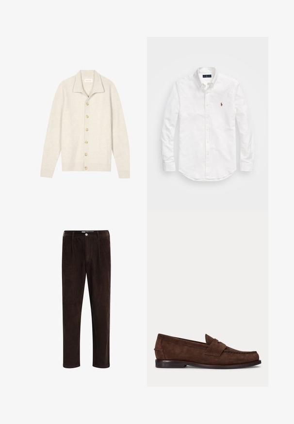 Cardigan beige côtelé avec manches longues, col plat et sept boutons ronds sur le devant. Texture douce, idéale pour superposer.; Chemise blanche à boutons, en coton, avec des manches longues, un ourlet incurvé et un petit logo brodé sur la poitrine.; Redefined Rebel JOHN COMFORT FIT - Pantalon classique - demitasse; Mocassin penny en daim marron avec un petit talon et des coutures visibles le long de l'orteil, du côté et à l'arrière, présenté sur un fond clair uni.