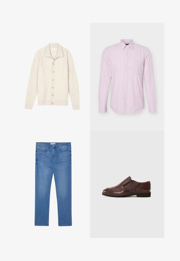 Cardigan beige côtelé avec manches longues, col plat et sept boutons ronds sur le devant. Texture douce, idéale pour superposer.; Chemise rose clair à manches longues avec fines rayures verticales blanches et une poche poitrine unique, présentée sur un fond blanc.; Jeans en denim bleu clair avec une coupe droite, design à cinq poches, décoloration subtile et accents en métal au niveau de la taille et des poches.; Chaussure marron en cuir à enfiler, avec un bout arrondi, des accents élastiques sur les côtés et une semelle en caoutchouc basse. Présente des détails de couture discrets le long du bord.