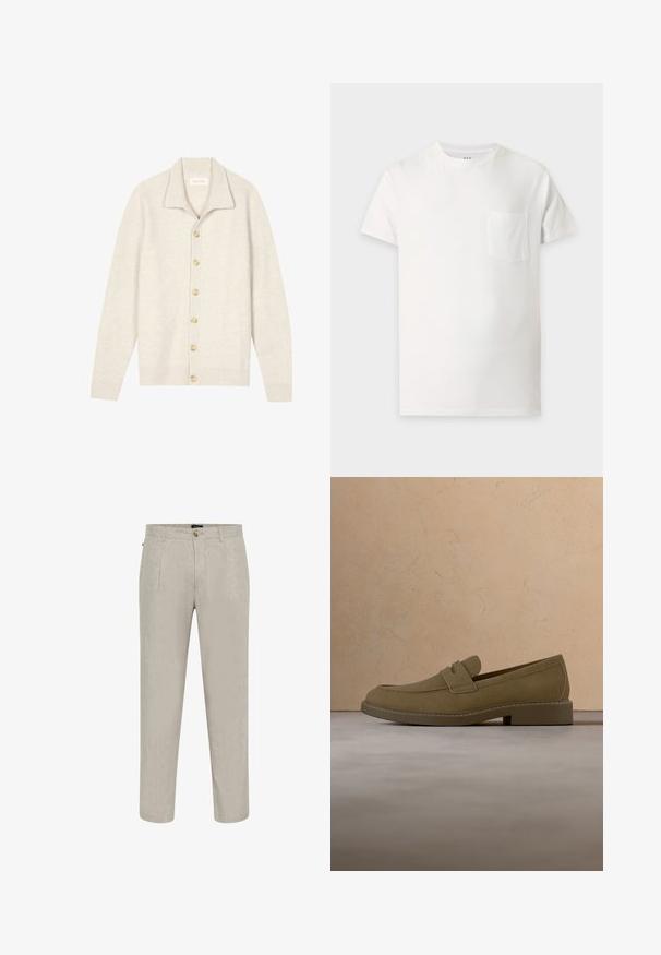 Beige ribstrikket cardigan med lange ærmer, flad krave og syv runde knapper foran. Blød tekstur, velegnet til lag-på-lag.; Simpel hvid T-shirt med korte ærmer, rund halsudskæring og en lille brystlomme på venstre side.; Beige linnedragtbukser med struktureret overflade, der har en lige ben-design, to frontlommer og en knaplukning ved taljen.; Brun mokkalærreds loafersko svæver over et tekstureret beige tæppe i en stue med et træ sofabord og stabler af bøger.