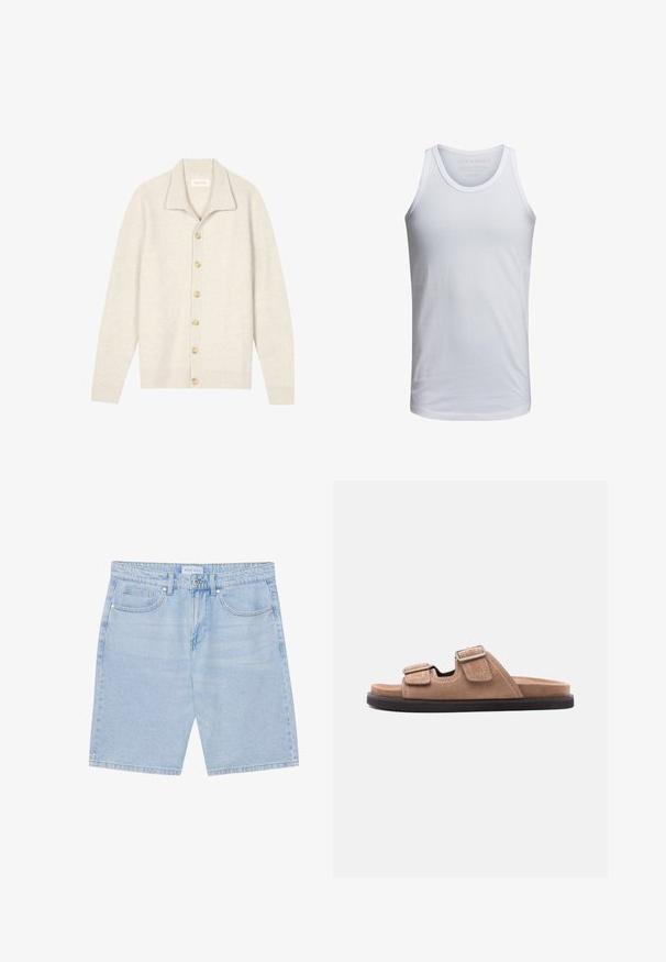 Cardigan beige côtelé avec manches longues, col plat et sept boutons ronds sur le devant. Texture douce, idéale pour superposer.; Débardeur en coton blanc avec un col rond, des bretelles larges et un marquage minimal imprimé à l'intérieur du col. Texture douce, coupe décontractée.; Shorts en denim bleu clair avec une coupe droite, dotés de poches avant, de fermeture à bouton et d'une finition délavée. Design classique à cinq poches.; Sandale à glissière en suède marron avec semelle noire, présentant deux brides ajustables avec boucles et détail de couture blanche, vue latérale sur fond blanc.