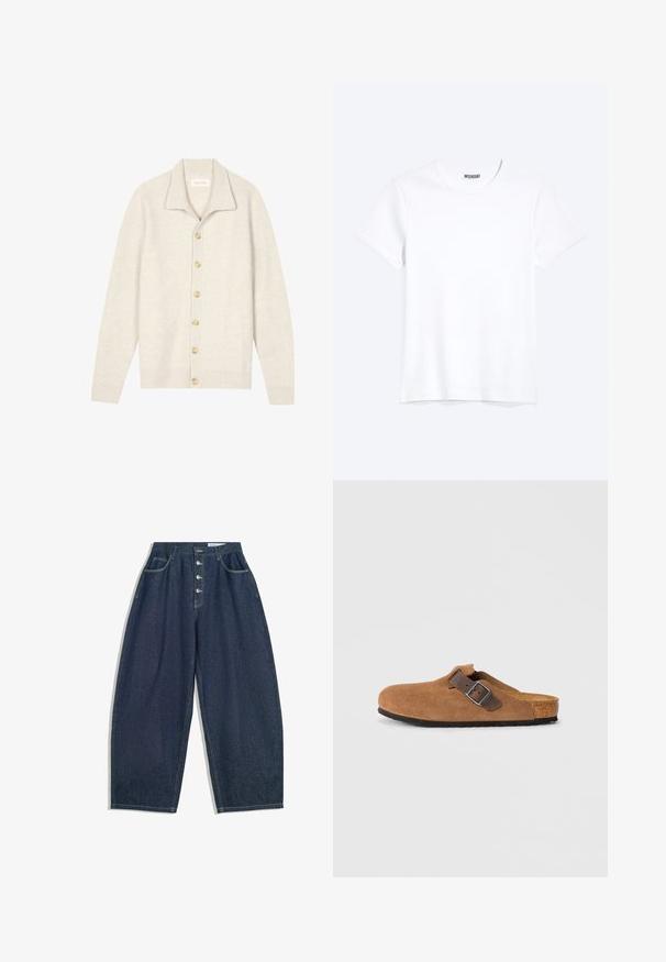 Beige geribbelde cardigan met lange mouwen, platte kraag en zeven ronde knopen aan de voorkant. Zachte textuur, geschikt om als laagje te dragen.; Effen witte T-shirt met korte mouwen en ronde hals met een zichtbaar WEEKDAY-merklabel bij de nek, weergegeven op een lichte achtergrond.; Donkerblauwe denim brede broek met een hoge taille, vijfknopen sluiting en vijf zakken. Heeft stiksels op de naden.; Bruine suede klompen met een verstelbare bruine leren band en zilveren gesp, voorzien van een gevormde kurken voetbed en een gestructureerde rubberen zool.
