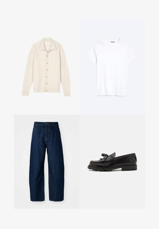 Beige ribstrikket cardigan med lange ærmer, flad krave og syv runde knapper foran. Blød tekstur, velegnet til lag-på-lag.; Enkelt hvid T-shirt med korte ærmer og rund hals med synligt WEEKDAY-mærke i kraven, vist på en lys baggrund.; Bredde ben mørk denim jeans med høj talje, som har fem lommer, knaplukning foran og synlige syninger.; Sorte læderloafer med et mokkasindesign, der har en dekorativ frynse og kvast, tekstureret overflade og kraftig gummisål.