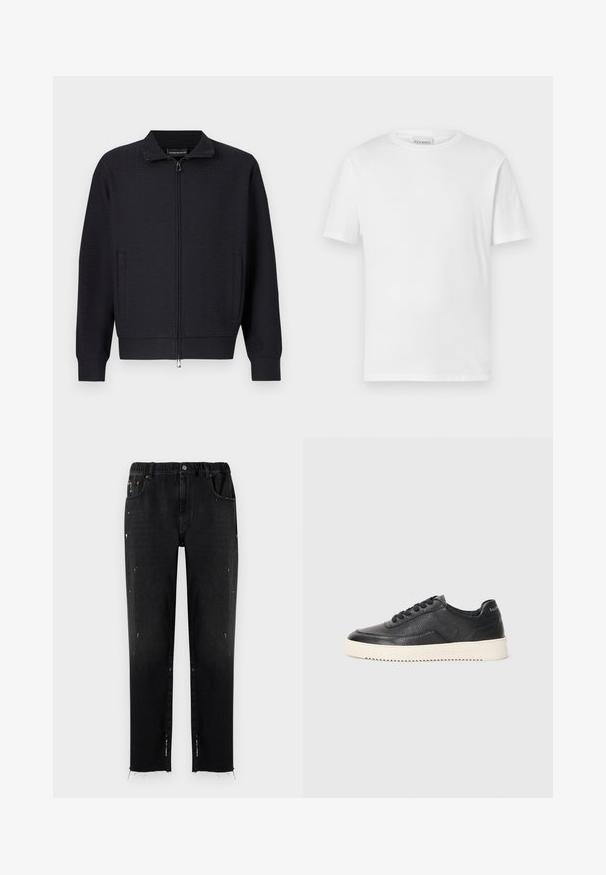 Schwarze Reißverschlussjacke mit strukturiertem Muster, Stehkragen, Seitentaschen und gerippten Bündchen. Hergestellt aus weichem, gewebtem Stoff.; Weißes T-Shirt mit kurzen Ärmeln aus Baumwolle. Hat einen runden Halsausschnitt und einen geraden Saum. Keine Muster oder Verzierungen. Einfaches Design.; Schwarze Jeans aus Denim mit elastischem Bund, geradem Schnitt, abgetragenen Details und fransigem Saum. Mit Taschen und Knopfverschluss.; Schwarze Leder-Sneaker mit strukturierter Oberfläche, runder Zehenpartie und flacher weißer Gummisohle. Features schwarze Schnürsenkel und Branding an der Ferse.