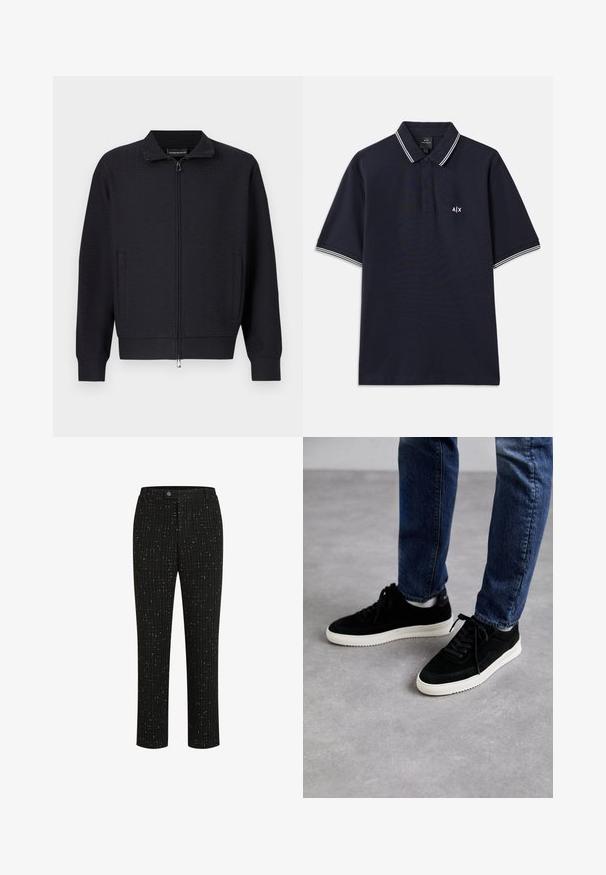Schwarze Reißverschlussjacke mit strukturiertem Muster, Stehkragen, Seitentaschen und gerippten Bündchen. Hergestellt aus weichem, gewebtem Stoff.; Marineblaues Poloshirt aus Baumwolle mit klassischem Kragen, zwei Knöpfen und weißen Streifenakzenten an den Ärmeln. Kleines Logo auf der Brust.; Schwarze maßgeschneiderte Hose mit einem strukturierten Muster aus dünnen weißen vertikalen Linien, geradem Schnitt und einem Knopfverschluss an der Taille.; Schwarze Wildledersneaker mit einer weißen Gummisohle, die ein klassisches Low-Top-Design, eine abgerundete Spitze und flache schwarze Schnürsenkel aufweisen.