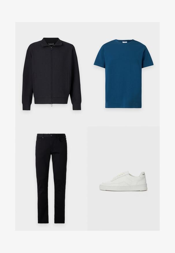 Schwarze Reißverschlussjacke mit strukturiertem Muster, Stehkragen, Seitentaschen und gerippten Bündchen. Hergestellt aus weichem, gewebtem Stoff.; Dunkelblaues T-Shirt mit Rundhalsausschnitt aus weicher Baumwolle, mit kurzen Ärmeln und einfacher, glatter Textur sowie geradem Schnitt.; Emporio Armani POCKETS PANT - Jeans Slim Fit - black denim; Weiße Ledersneaker mit glatter Oberfläche, runder Zehenpartie, flachen Schnürsenkeln und strukturiertem Sohlenprofil. Mit einem dezenten Logo an der Ferse.