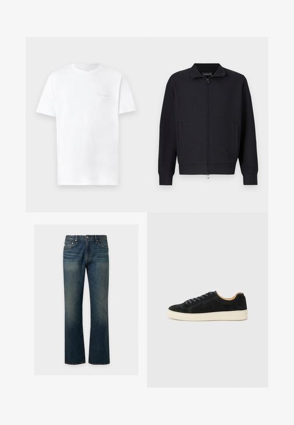 Chaqueta negra con cremallera, patrón texturizado, cuello alto, bolsillos laterales y puños acanalados. Fabricada con tejido suave y tejido.; Camiseta de algodón blanca con mangas cortas, cuello redondo, con un sutil estampado de logo gris en la zona del pecho izquierdo y una textura suave.; Vaqueros azules de corte recto con cinco bolsillos y detalles sutiles desgastados en los muslos y las rodillas, mostrados contra un fondo liso.; Zapatilla de ante negro con un diseño de corte bajo, cordones a juego, suela de goma texturizada color crema y una silueta minimalista.