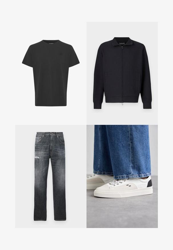 Chaqueta negra con cremallera, patrón texturizado, cuello alto, bolsillos laterales y puños acanalados. Fabricada con tejido suave y tejido.; Camiseta negra de manga corta en tejido de algodón. Presenta un cuello redondo y un pequeño logo en la esquina superior izquierda, con una textura suave.; Jeans de mezclilla de un gris oscuro deslavado con ligero desgaste en los muslos superiores y diseño clásico de cinco bolsillos.; Zapatillas blancas y negras con una parte superior de cuero suave, acentos texturizados y una suela blanca gruesa. Presenta un diseño clásico de cordones.