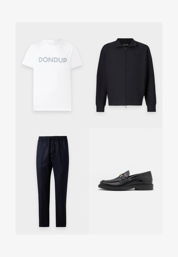 Veste noire zippée avec un motif texturé, col montant, poches latérales et poignets côtelés. Confectionnée dans un tissu doux et tissé.; T-shirt blanc à manches courtes avec col rond et texte "DONDUP" gris clair imprimé sur la poitrine, présenté sur un fond uni.; Pantalon bleu marine en tissu doux, avec une taille élastique et un cordon de serrage, coupe droite et sans motifs ni accents visibles.; Mocassins en cuir noir avec un embout rond, présentant des accents en métal doré et des détails de couture, montés sur une semelle en caoutchouc texturé et basse.