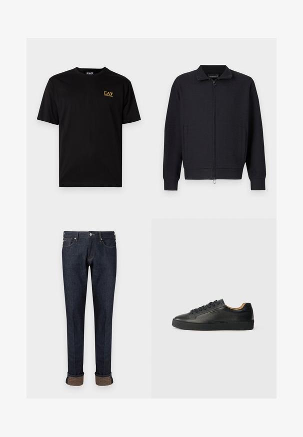 Chaqueta negra con cremallera, patrón texturizado, cuello alto, bolsillos laterales y puños acanalados. Fabricada con tejido suave y tejido.; Camiseta de algodón negra de manga corta, con un pequeño logo bordado amarillo en el lado izquierdo del pecho. Diseño clásico de cuello redondo.; Vaqueros de mezclilla azul oscuro con diseño de pierna recta, que presentan un dobladillo vuelto y un detalle de tela de marca en color marrón claro en los puños.; Zapatilla negra de cuero de caña baja con superficie texturizada, cordones negros y suela de goma gruesa, mostrada de lado sobre un fondo claro.