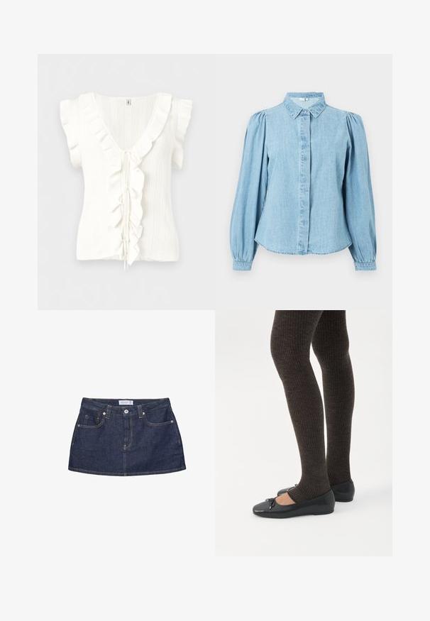 Haut en maille blanc sans manches à rayures verticales, col en V, bordure volantée le long de l'encolure et à l'avant, avec des liens de fermeture au centre.; Chemise en denim bleu clair avec un col pointu, une patte de boutonnage à l'avant et des manches longues bouffantes. Texture lisse avec un ourlet arrondi.; Minijupe en denim bleu foncé avec bouton sur le devant, poches, passants de ceinture et coutures orange visibles sur fond blanc.; Jambes portant des leggings côtelés foncés associés à des ballerines noires avec de petits détails en nœud sur fond blanc.