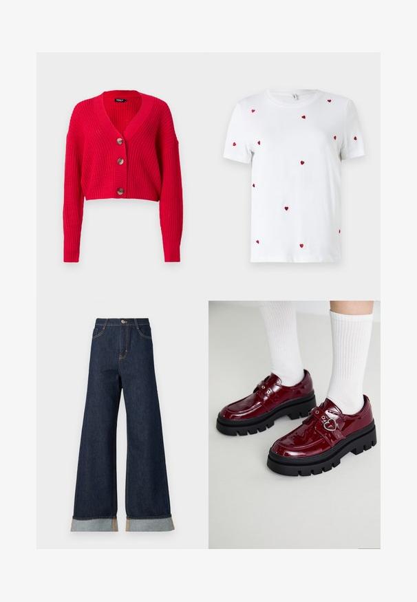 Afklippet rød cardigan lavet af ribstrikket materiale, med en dyb V-hals, lange ærmer og tre store brune knapper ned ad forsiden.; Hvid bomulds T-shirt med spredte røde broderede hjerter. Klassisk rund hals og korte ærmer. Enkel, moderne design.; Bredde ben mørk denim jeans med orange syninger, med høj talje, to forlommer og opbrettede manchetter, der viser et lysblåt kontraststof.; Bordeaux patent læder sko med en kraftig sort sål, dobbelt rem med hjerte detalje og ribbede hvide sokker. Retro design med tykkere greb.