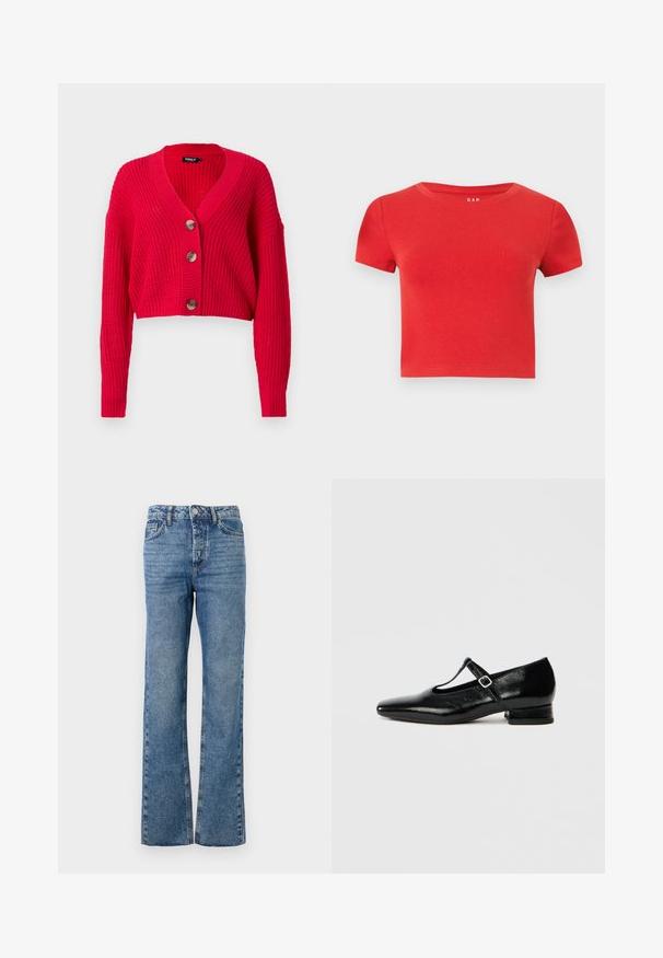 Cardigan rouge raccourci en maille côtelée, avec un col en V profond, des manches longues, et trois gros boutons marron sur le devant.; T-shirt rouge en coton à manches courtes avec un col rond et une coupe ajustée. Texture lisse avec un minimum de détails.; Jean bleu évasés en denim. Comprend cinq poches, une fermeture à bouton et à glissière, avec un motif décoloré sur les jambes et une coupe droite.; Chaussures Mary Jane en cuir noir avec bout pointu, petit talon carré et bride ajustable avec une boucle argentée. Texture lisse et brillante.
