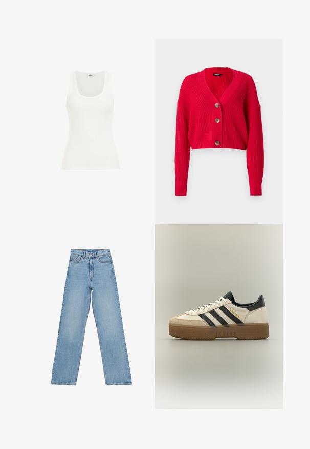 Afklippet rød cardigan lavet af ribstrikket materiale, med en dyb V-hals, lange ærmer og tre store brune knapper ned ad forsiden.; Hvid ribbet tanktop med rund halsudskæring og brede stropper. Stoffet ser strækbart og tætsiddende ud, velegnet til lag-på-lag eller afslappet brug.; Lys blå denim jeans med høj talje, lige ben-design, der har fem lommer og en knaplukning. Ingen synlige mønstre.; Hvid Adidas sneaker med sorte striber, beige ruskindstå, brun sål og "SPEZIAL" i guldskrift på siden.