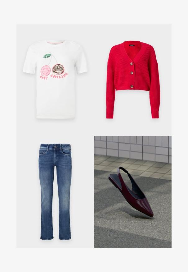 Cardigan rouge raccourci en maille côtelée, avec un col en V profond, des manches longues, et trois gros boutons marron sur le devant.; T-shirt blanc avec deux cerises en sequins, une rose aux yeux croisés et une argentée avec un sourire, et le texte "Keep Smiling" en rose en dessous.; Jean en denim bleu moyen avec une légère décoloration. Comprend un design standard à cinq poches et une fermeture éclair avec un bouton. Coupe droite.; Chaussure plate slingback en cuir verni marron avec bout pointu flottant au-dessus d'un trottoir texturé près d'un mur carrelé.