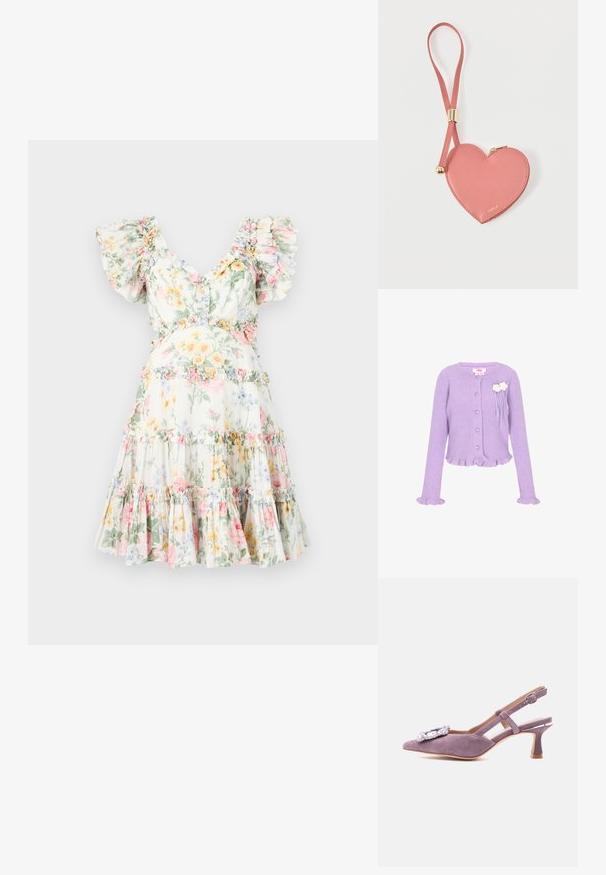 Cardigan en tricot côtelé lilas avec des boutons en forme de cœur, des poignets et un ourlet volantés, et deux décorations florales blanches sur la poitrine.; Robe florale en tissu léger, avec des manches volantes, un décolleté en V profond et une jupe à volants ornée de fleurs pastel et d'accents de volants assortis.; Escarpin slingback en daim lavande avec bout pointu, talon évasé de hauteur moyenne, bride à boucle à la cheville et ornements en strass sur le dessus.; Pochette à pièces en cuir rose en forme de cœur avec sangle de poignet et fermeture éclair dorée, marquée d’un petit texte doré "Furla".