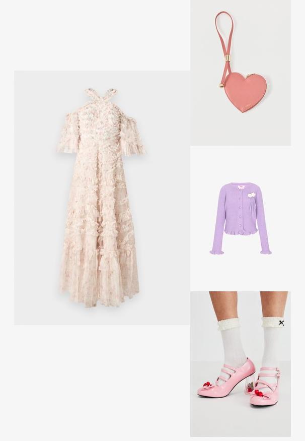 Cardigan en tricot côtelé lilas avec des boutons en forme de cœur, des poignets et un ourlet volantés, et deux décorations florales blanches sur la poitrine.; Robe rose clair avec des couches à volants, manches dénudées, et bretelles croisées dans le dos. Tissu transparent avec des détails à motif floral.; Talons hauts en cuir verni rose avec un bout arrondi, trois brides et des embellissements en cerise. Le talon bloc transparent présente des accents floraux. Chaussettes blanches à côtes.; Pochette à pièces en cuir rose en forme de cœur avec sangle de poignet et fermeture éclair dorée, marquée d’un petit texte doré "Furla".