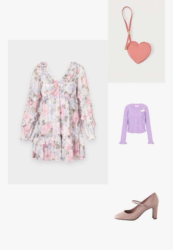 Cárdigan de punto acanalado lila con botones en forma de corazón, puños y dobladillo con volantes, y dos decoraciones florales blancas en el pecho.; Vestido floral con rosas rosas y grises sobre un fondo claro. Cuenta con escote y mangas con volantes, y un dobladillo en capas y con vuelos.; Zapato de tacón alto de cuero rosa con puntera redondeada, correa en el tobillo y borde festoneado. Cuenta con un tacón bloque delgado para mayor soporte.; Monedero de cuero rosa en forma de corazón con correa para la muñeca y cremallera dorada, con la marca "Furla" en pequeño texto dorado.