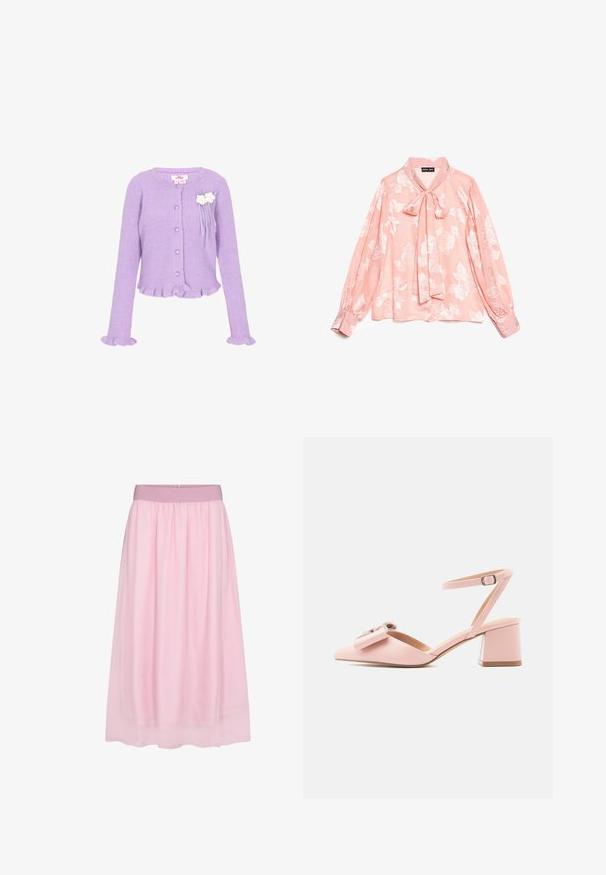 Cardigan en tricot côtelé lilas avec des boutons en forme de cœur, des poignets et un ourlet volantés, et deux décorations florales blanches sur la poitrine.; Blouse fleurie rose avec un col à nouer, manches longues bouffantes et finition satinée douce. Présente des motifs floraux en relief et des poignets.; Jupe en tulle rose avec un design doux et transparent. Elle présente une taille élastique et une silhouette fluide, créant un effet superposé.; Chaussure rose à talon moyen avec bride à la cheville, bout pointu, nœud décoratif et boucle sur un fond clair uni.