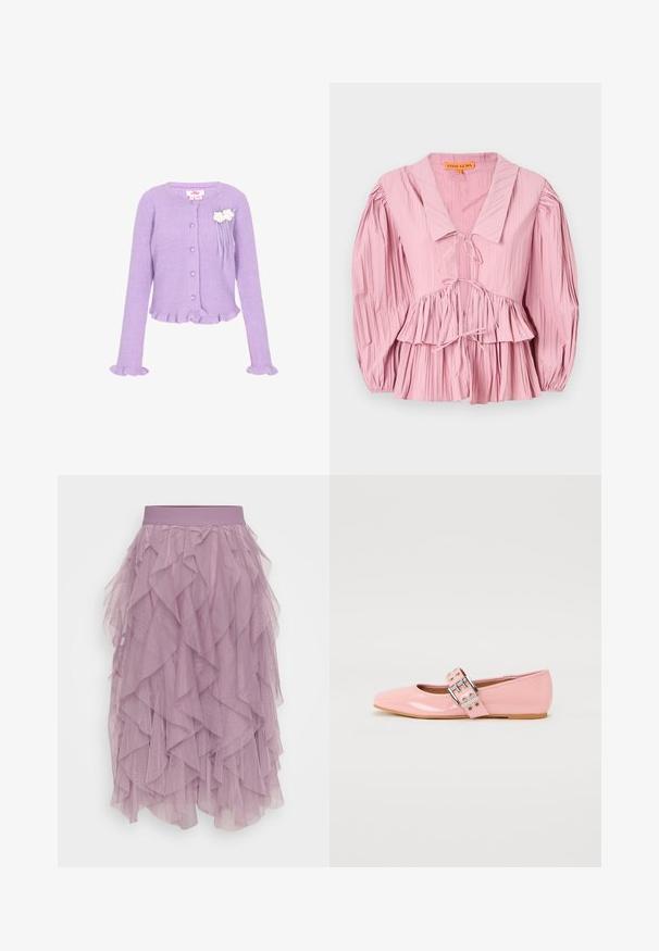 Lila gerippter Strickcardigan mit herzförmigen Knöpfen, Rüschensaum an den Bündchen und am Saum sowie zwei weißen Blumenapplikationen auf der Brust.; Stine Goya PLEATED BALLOON SLEEVE TIE - Bluse - pink nectar; Lila Tüllrock mit geschichteten Rüschen, einem elastischen Bund und einer leichten, durchsichtigen Textur. Entworfen mit einer gestuften Silhouette.; Rosa Lackleder Ballettflats mit quadratischer Zehenpartie, Schnallenriemendetails und einer flachen Gummisohle. Glatte Textur über die gesamte Fläche.