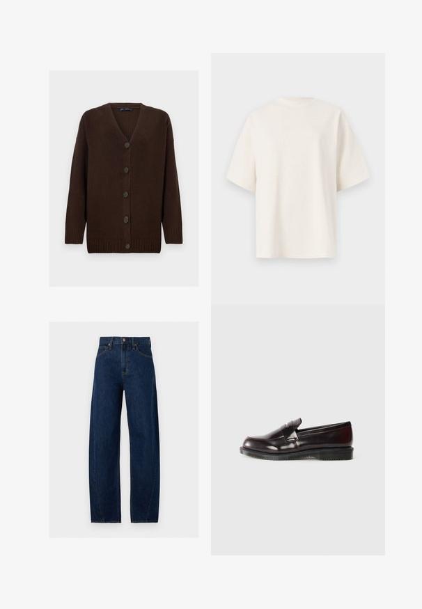 Brun ribstrikket cardigan med dyb V-hals, lange ærmer og seks mørke knapper foran. Stoffet har et struktureret udseende.; Enkel, off-white, oversized T-shirt med korte ærmer og rund halsudskæring, vist på en lys grå baggrund.; Mørkeblå straight-leg denimjeans med knap- og lynlåsforside, bæltestropper og orange kontrastsyning på sømme og lommer.; Bordeaux læder loafers med en glat overflade, en hævet sømdetalje og en gummisål. Designet med en rund tå og minimal hardware.