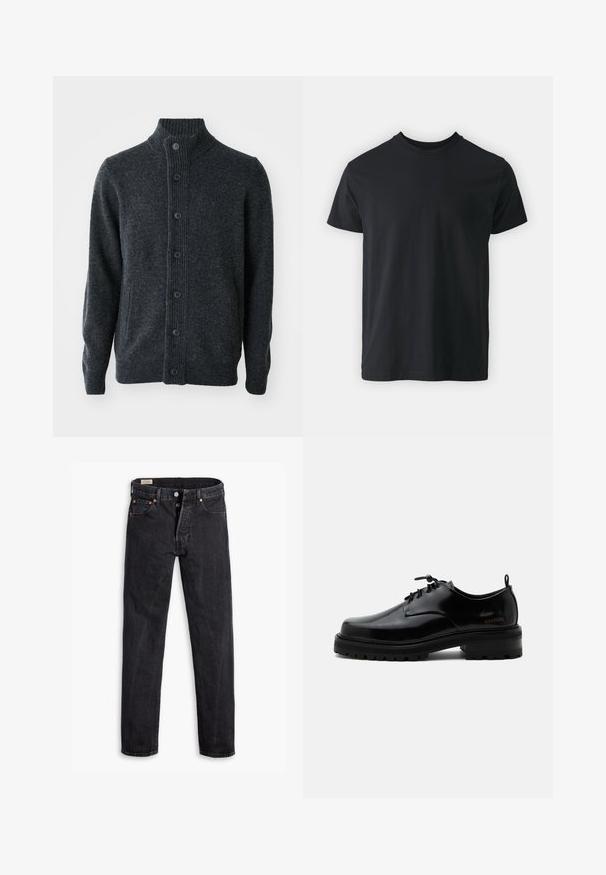 Donkergrijze cardigan van gebreide stof, met een geribbelde hals, een knoopsluiting aan de voorkant en lange mouwen met geribbelde manchetten en zoom.; Zwart katoenen T-shirt met korte mouwen, ronde hals en een relaxte pasvorm. Glad textuur en rechte zoom, geen zichtbare graphics of patronen.; Zwarte high-rise rechte jeans met knopen en vijf zakken, plat liggend op een witte achtergrond.; Zwarte gepolijste leren veterschoen met dikke rubberen zool en lage hak, zijmerktekst "SAMSOE" en een achterste aantreklus.