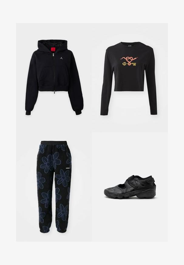 Sudadera negra corta con cremallera, capucha, bolsillo frontal tipo canguro, puños acanalados y pequeño logo blanco en el pecho.; Crop top negro de manga larga hecho de algodón. Presenta un gráfico colorido de una serpiente y una llave en la parte frontal. Diseño sencillo de cuello redondo.; Pantalones de chándal de felpa con un fondo negro y un patrón floral en azul oscuro. Presentan una cintura elástica y bolsillos laterales. Textura suave.; Sandalia deportiva negra con puntera cerrada, correas de velcro en la parte media del pie y el talón, y suela gruesa acolchada con la marca "AIR" en el lateral.
