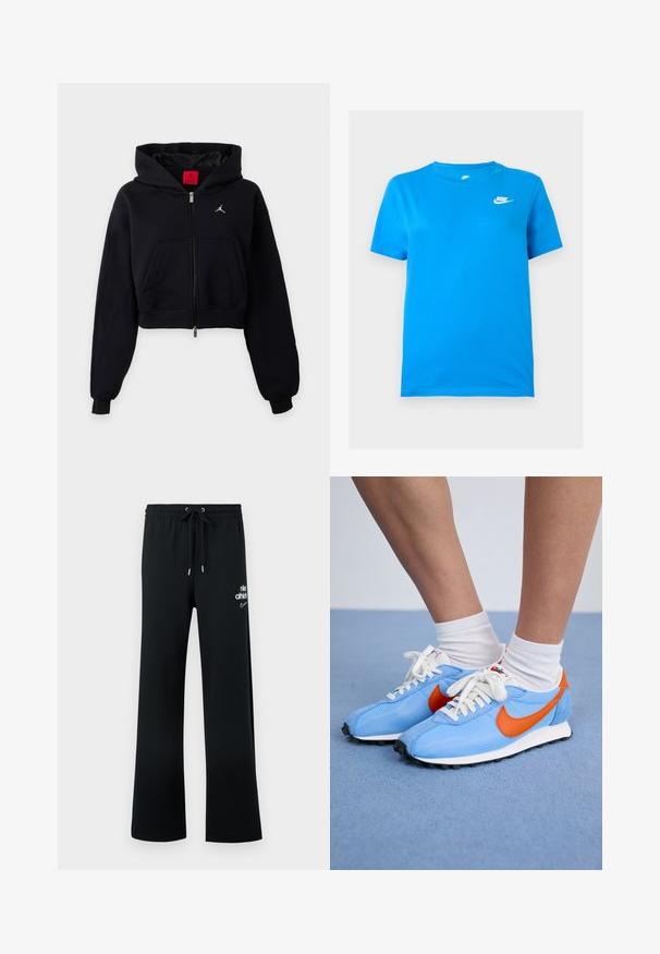 Čierna krátka mikina na zips s kapucňou, predným vreckom, rebrovanými manžetami a malým bielym logom na hrudi.; Modré krátke rukávové tričko Nike s okrúhlym výstrihom a bielym logom Nike na ľavej hornej časti hrudníka na jednoduchom pozadí.; Čierne tepláky z mäkkej látky s voľným strihom, s elastickým pásom, sťahovacou šnúrkou a bielym logom.; Modré sieťované a semišové tenisky s oranžovými akcentmi a bielymi šnúrkami. Čierna gumová podrážka. Nosené s bielymi ponožkami do polovice lýtok na modrom povrchu.