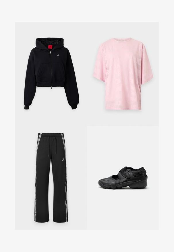 Μαύρο cropped hoodie με φερμουάρ και κουκούλα, μπροστινή τσέπη, ριμπ μανσέτες και μικρό λευκό λογότυπο στο στήθος.; Ανοιχτό ροζ μπλουζάκι με κοντά μανίκια και στρογγυλή λαιμόκοψη, με διακριτικό ανάγλυφο μοτίβο κειμένου σε όλη την επιφάνεια και μικρό ανάγλυφο λογότυπο στο κέντρο του στήθους.; Μαύρο αθλητικό παντελόνι με λευκές πλευρικές ρίγες, ελαστική μέση με κορδόνια και μικρό λογότυπο Jumpman στο δεξί μηρό.; Μαύρο αθλητικό σανδάλι με κλειστή μύτη, λουριά με βέλκρο στη μέση του ποδιού και στη φτέρνα, και παχιά επενδεδυμένη σόλα με τη λέξη "AIR" στο πλάι.
