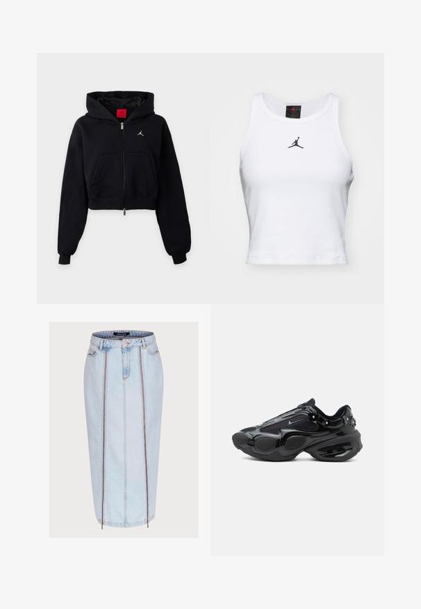 Čierna krátka mikina na zips s kapucňou, predným vreckom, rebrovanými manžetami a malým bielym logom na hrudi.; Biely crop tank top vyrobený z bavlny s rebrovanou textúrou. Obsahuje čierne logo Jordan v strede a klasický okrúhly výstrih.; Svetlomodrá džínová sukňa so priliehavým strihom, ktorá má dva predné zipsové vrecká, detaily stredu švu a dĺžku po stred lýtok.; Čierny teniska s lesklými a sieťovanými panelmi, zaoblenými segmentmi podrážky a malými kvetinovými ozdobami pri päte a šnúrkach.