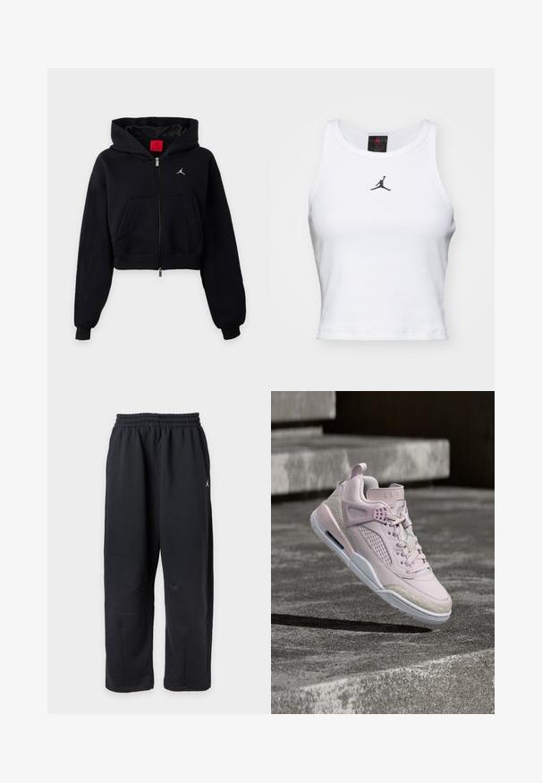Μαύρο cropped hoodie με φερμουάρ και κουκούλα, μπροστινή τσέπη, ριμπ μανσέτες και μικρό λευκό λογότυπο στο στήθος.; Λευκό κροπ τοπ από βαμβάκι με ριγέ υφή. Διαθέτει μαύρο λογότυπο Jordan στο κέντρο και κλασικό στρογγυλό λαιμό.; Μαύρο φαρδύ παντελόνι φόρμας με ελαστική μέση και μικρό λευκό λογότυπο στη δεξιά πλευρά.; Ροζ ανοιχτό και μπεζ παπούτσι τύπου ψηλής κορυφής αιωρείται στον αέρα πάνω από σκάλες από σκυρόδεμα, με ορατή υφή στη σόλα και κορδόνια.