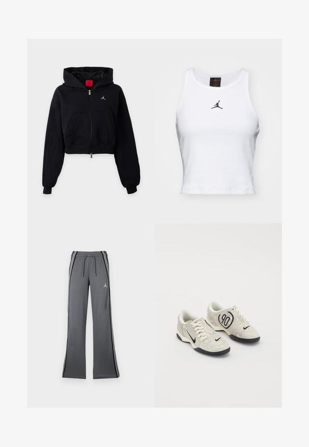 Μαύρο cropped hoodie με φερμουάρ και κουκούλα, μπροστινή τσέπη, ριμπ μανσέτες και μικρό λευκό λογότυπο στο στήθος.; Λευκό κροπ τοπ από βαμβάκι με ριγέ υφή. Διαθέτει μαύρο λογότυπο Jordan στο κέντρο και κλασικό στρογγυλό λαιμό.; Γκρι φόρμες με εσωτερικό κορδόνι στη μέση, πλάγιες ρίγες και μικρό λογότυπο. Κατασκευασμένες από μαλακό υλικό, διαθέτουν φαρδιά γραμμή και λεία υφή.; Nike αθλητικά παπούτσια με μπεζ και γκρί υφή, μαύρες λεπτομέρειες, μεγάλο λογότυπο "90" και λευκό κορδόνι. Μαύρη σόλα.