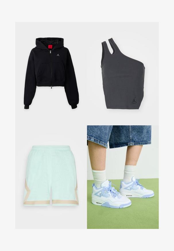 Zwarte cropped hoodie met rits, capuchon, voorzak, geribbelde boorden en een klein wit logo op de borst.; Zwarte geribbelde tanktop met een uniek asymmetrisch ontwerp, met één brede band en één smalle band, inclusief een klein logo aan de zoom.; Jordan HERITAGE DIAMOND - Korte broeken - mint foam/sanddrift; Witte en lichtblauwe sneakers met gaasaccenten, een ronde neus, veters en een luchtkusseneenheid, gecombineerd met witte geribde sokken en denim short.