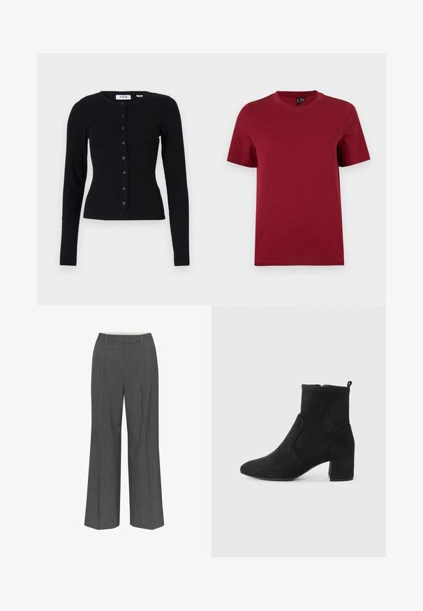 Gilet noir à côtes avec manches longues, un col rond, et un devant à boutons comportant six boutons. Texture lisse, design ajusté.; T-shirt uni à manches courtes et col rond de couleur rouge foncé, présenté à plat sur un fond clair.; Pantalons gris à jambes larges en tissu texturé, avec un design à pli avant et une silhouette droite avec une taille régulière.; Bottine en daim noir avec un talon bloc, bout arrondi, fermeture éclair latérale et petite languette sur fond blanc uni.