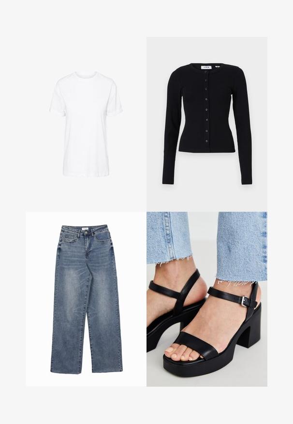 Sort ribbet cardigan med lange ærmer, en rund halsudskæring og en knaplukning foran med seks knapper. Glat tekstur, tætsiddende design.; Hvid bomulds t-shirt med korte ærmer, rund hals og en afslappet pasform, med en glat tekstur og uden synlige mønstre.; Blå denim jeans med vide ben, for- og møntlommer, knaplukning og falmede vaskedetaljer.; ALDO CELIE - Højhælede sandaletter / Højhælede sandaler - black