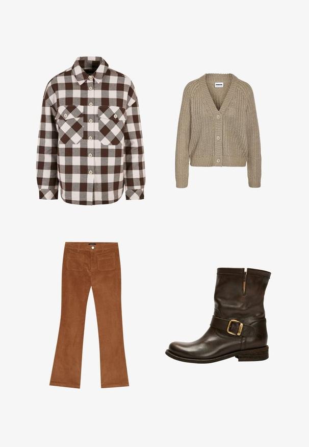 Beige strikket cardigan med V-hals, lange ærmer og fire knaplukninger. Har et tekstureret mønster og ribbet kant.; Brun og hvid plaid knap-op skjorte med to brystlommer, der har en klassisk krave og knap-ned foran. Blød stofstruktur.; Brune fløjlsbukser med udvidet ben, der har en ribbet tekstur, knaplukning foran og to baglommer.; Brun læder ankelstøvle med rund tå, detalje med spænde på siden, stikninger og en lav stablet hæl. Har en karakteristisk tekstur.