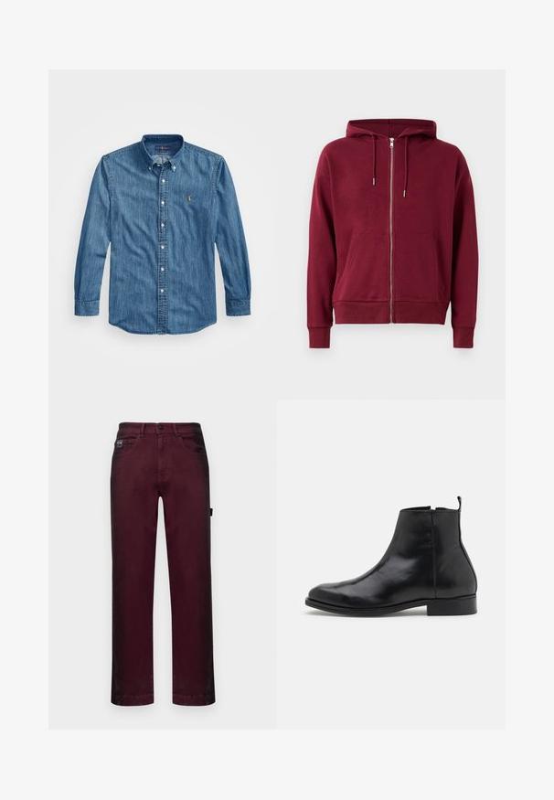 Bordeaux hoodie met ritssluiting, een capuchon met trekkoord, voorzakken, en ribgebreide manchetten en zoom. Gemaakt van zachte, comfortabele stof.; Button-down spijkerblouse in middentint blauw met een puntige kraag, lange mouwen en een klein geborduurd logo op de borst. Zachte textuur.; Bordeaux denimbroek met een rechte pasvorm, vijf zakken, metalen knoopsluiting en riemlussen voor verstelbare maat.; Zign LEATHER - Lage laarzen - black
