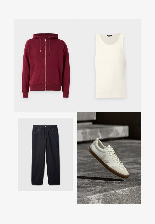 Bordeaux zip-hoodie med snøre i hætten, frontlommer, ribbede manchetter og kant. Lavet af blød, komfortabelt stof.; Hvid bomulds tanktop med ribbet tekstur, rund halsudskæring og uden ærmer. Har en lille logomærke nederst til venstre.; Mørke denim jeans med lige pasform, der har en knap- og lynlås-lukning, to frontlommer og kontrastfarvet orange syning.; Hvide læder sneakers med tanfarvet gummisål, flade snørebånd og V-formet detalje på siden. Har en glat overflade og minimale syninger.