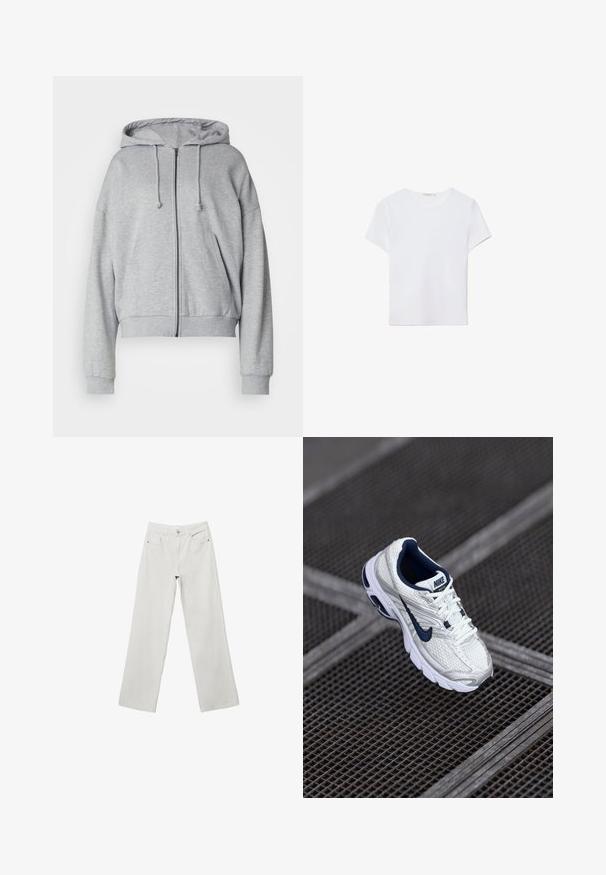Haut de sweat à capuche zippé gris avec cordon de serrage, coupe décontractée, poches latérales, poignets et ourlet côtelés, fabriqué en tissu doux et respirant.; T-shirt blanc à manches courtes en tissu doux. Dispose d'un col rond et d'un design simple et épuré avec un ourlet droit.; Jeans en denim blanc à jambes larges avec taille haute, design à cinq poches et coutures ton sur ton. Braguette à bouton et zipper. Texture lisse.; Chaussure de course Nike en blanc et bleu marine, avec une tige en mesh texturé, une semelle rembourrée et un logo distinctif sur le côté.