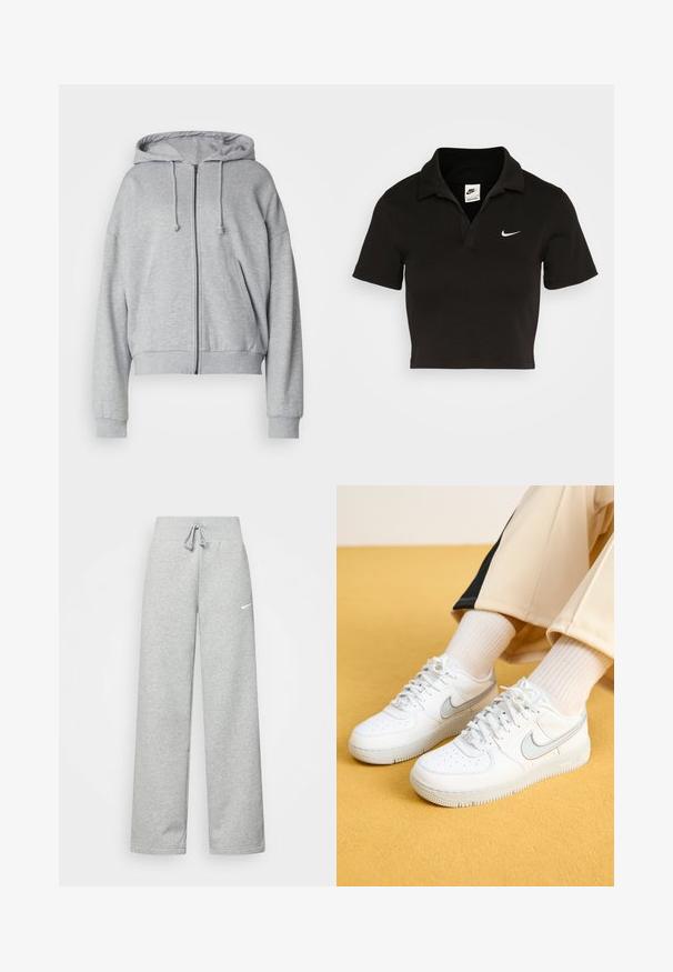 Sudadera gris con cremallera y capucha con cordón, corte holgado, bolsillos laterales, puños acanalados y dobladillo, fabricada con tejido suave que absorbe la humedad.; Polo negro recortado de algodón con un collar tradicional y mangas cortas. Presenta un logo de Nike en blanco en el lado izquierdo del pecho.; Pantalones de chándal grises con cintura elástica, detalle de cordón y un pequeño logo blanco de Nike en el muslo izquierdo. Tejido suave, de corte holgado.; Las zapatillas Nike Air Force 1 blancas cuentan con una parte superior de cuero suave, el icónico Swoosh con un detalle reflectante plateado y una puntera perforada.