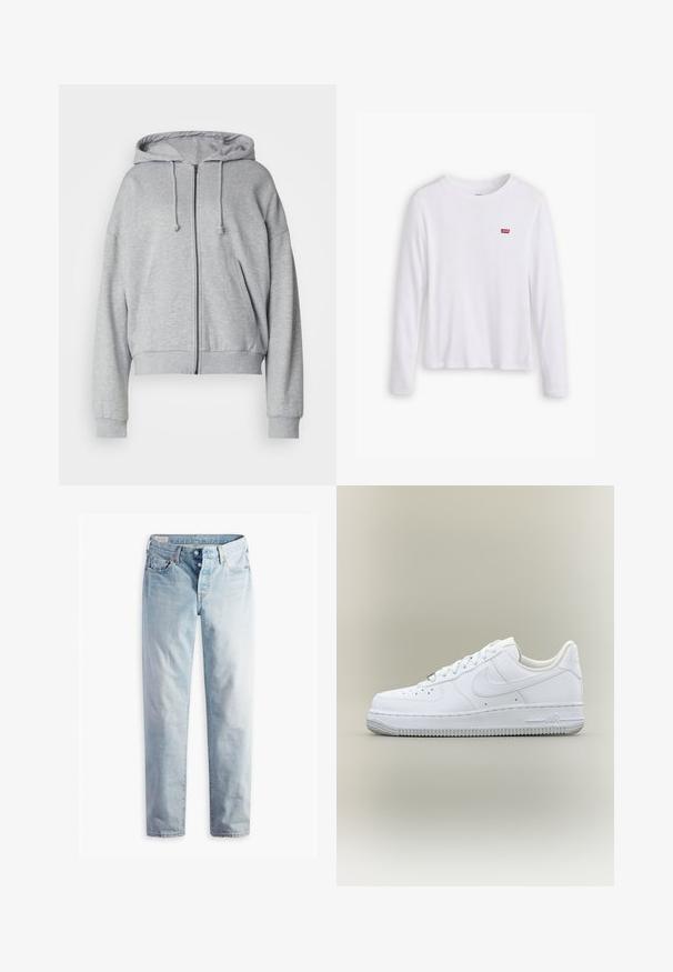 Sudadera gris con cremallera y capucha con cordón, corte holgado, bolsillos laterales, puños acanalados y dobladillo, fabricada con tejido suave que absorbe la humedad.; Camisa blanca de manga larga hecha de suave algodón. Presenta un pequeñoLogo rojo de Levi's en el lado izquierdo del pecho. Diseño clásico de cuello redondo.; Jeans de mezclilla azul claro con diseño de pierna recta, cinco bolsillos y cierres de botones metálicos en una pretina estándar.; Zapatilla Nike Air Force 1 blanca de caña baja con cordones, puntera perforada y suela de goma texturizada sobre fondo neutro.
