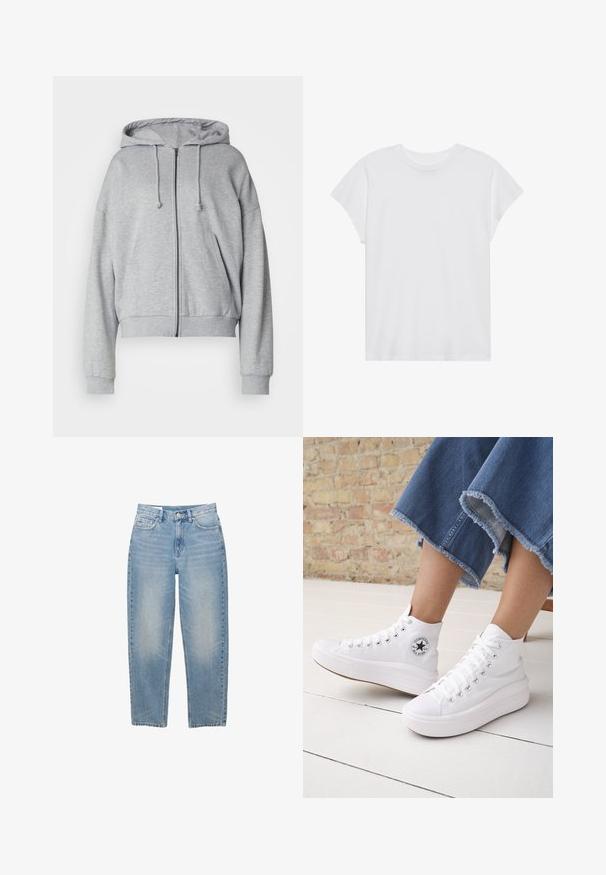 Grijze hoodie met rits, met een trekkoord kap, relaxte fit, zijzakken, ribgebreide boorden en onderrand, gemaakt van zachte, vochtafvoerende stof.; Witte t-shirt met korte mouwen, ronde hals, relaxte pasvorm, gemaakt van zacht katoen. Glad textuur, geen patronen of logo's.; Lichtblauwe denim jeans met rechte pijpen, voorzien van een knoopsluiting aan de voorkant, rits en vijf zakken, afgebeeld tegen een witte achtergrond.; Persoon draagt witte hoge Converse-sneakers met dikke zolen en korte jeans met rafelige zoom tegen een bakstenen muur en witte vloer.