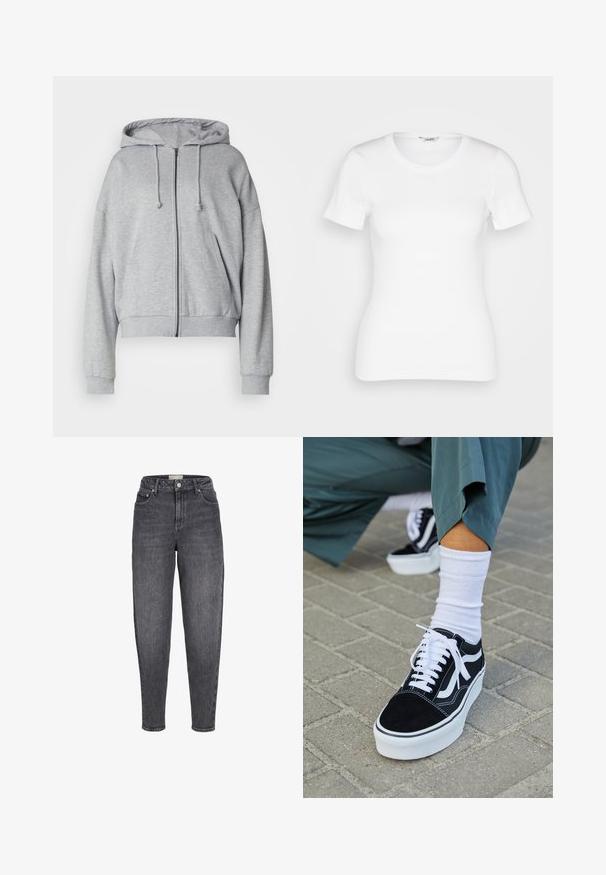 Grijze hoodie met rits, met een trekkoord kap, relaxte fit, zijzakken, ribgebreide boorden en onderrand, gemaakt van zachte, vochtafvoerende stof.; Witte katoenen T-shirt met korte mouwen, ronde halslijn en ribbelstructuur. Strakke pasvorm met een gladde, schone afwerking.; Zwart gewassen jeans met hoge taille, taps toelopend, voorzien van voorzakken, ceintuurlussen en een knoopsluiting.; Zwarte suède sneaker met witte accenten en veters, uitgerust met een dikke witte zool en contrasterende stiksels, gecombineerd met een witte sok.