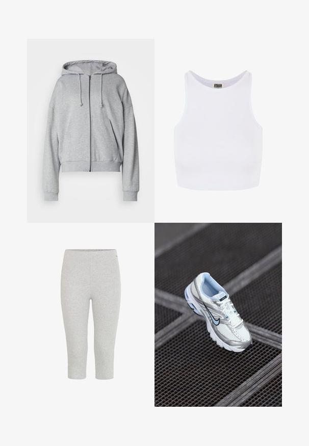 Grå zip-up hættetrøje med snor i hætten, afslappet pasform, sidelommer, ribbede manchetter og kant, lavet af blødt svedtransporterende stof.; Hvid ribbet cropped tanktop med brede skulderstropper og en rund udskæring. Har en blød tekstur og et minimalistisk design uden mønstre.; Grå strækbare capri leggings med en glat tekstur og en elastisk talje, der har en tætsiddende pasform uden synlige mønstre eller accenter.; Hvide mesh atletiksko med sølvdetaljer, lyseblå syninger og et sort swoosh-logo. Har en polstret krave og en tekstureret sål.