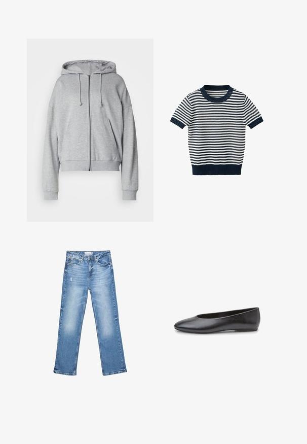 Grauer Reißverschluss-Hoodie mit Kordelzugkapuze, lockerer Passform, seitlichen Taschen, gerippten Bündchen und Saum, aus weichem, schweißableitendem Material.; Kurzärmeliger Strickpullover mit marineblauen und weißen horizontalen Streifen, marineblau gerippter Kragen, Bündchen und Bund.; Hellblaue Jeans aus Denim, mit geradem Bein, ausgewaschenen Stellen und subtilen Abnutzungen. Verfügt über fünf Taschen und einen klassischen Knopfverschluss.; Schwarzer Ballettflachschuh aus Leder mit spitz zulaufender Spitze und minimalistischem Design. Er zeichnet sich durch eine glatte Textur und einen niedrigen, flachen Absatz aus.