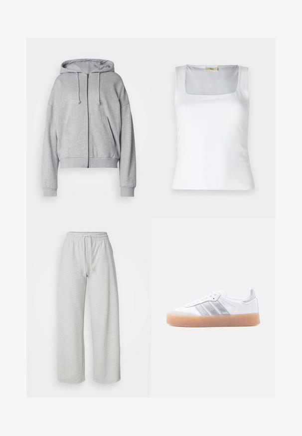 Grijze hoodie met rits, met een trekkoord kap, relaxte fit, zijzakken, ribgebreide boorden en onderrand, gemaakt van zachte, vochtafvoerende stof.; Witte tanktop met vierkante halslijn, gemaakt van zachte stof. Beschikt over brede bandjes en een aansluitende pasvorm. Geen zichtbare patronen of versieringen.; Even&Odd Petite Trainingsbroek - mottled light grey; Witte lage sneaker met gumzool, zilverkleurige gestreepte zijkanten en veterluiting, afgebeeld tegen een effen lichte achtergrond.
