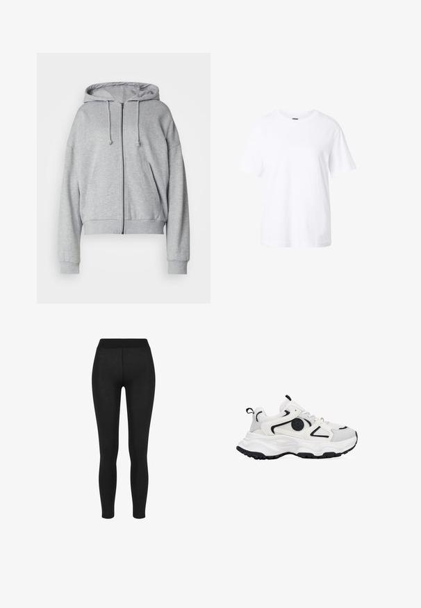 Sudadera gris con cremallera y capucha con cordón, corte holgado, bolsillos laterales, puños acanalados y dobladillo, fabricada con tejido suave que absorbe la humedad.; Camiseta blanca lisa de manga corta con cuello redondo, ajuste holgado y una pequeña etiqueta en el interior del cuello.; Leggings negros con una tela suave, cintura alta, diseño ajustado y sin costuras visibles, adecuados para uso casual o deportivo.; Bosanova Zapatillas - blanco