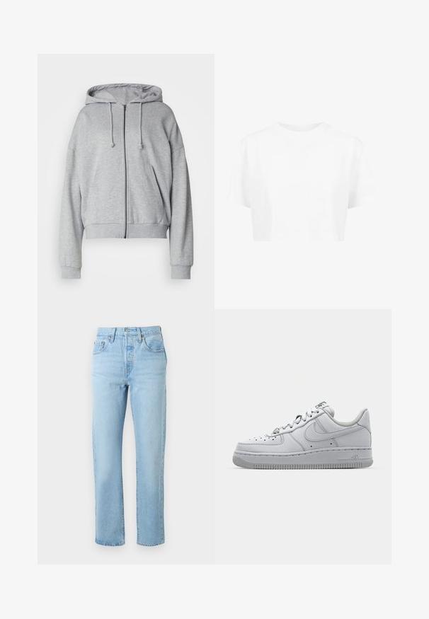 Grå zip-up hættetrøje med snor i hætten, afslappet pasform, sidelommer, ribbede manchetter og kant, lavet af blødt svedtransporterende stof.; Hvid cropped t-shirt, korte ærmer, rund halsudskæring, lavet af blødt stof, uden synlige mønstre eller distinkt hardware.; Lyseblå jeans med høj talje og lige ben, med lommer foran og bagpå, bæltestropper og knaplukning.; Hvid lædersneaker med lavt design, rund tå, perforerede detaljer og en tekstureret gummisål. Har grå accenter på tungen.